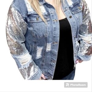 Lily Pad Blue Demin Distressed Jean Jacket W/ Sequin Sleeve